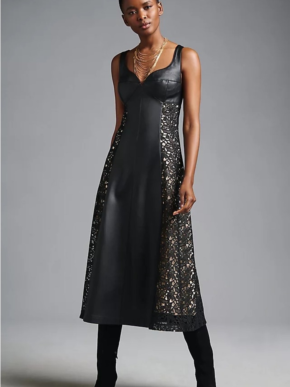 NWT Anthropologie Black Faux Leather Lace Panel Sweetheart Midi Dress